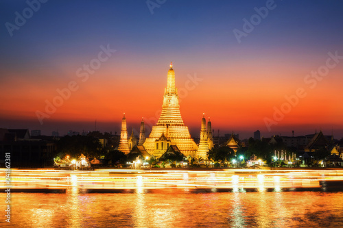 Sunset at Arun Temple or Wat Arun  locate at along the Chao Phraya river with a colorful sky in Bangkok  Thailand