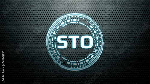 Futuristic modern glowing Security Token Offering (STO) led logo  hologram hover over metallic steel background. For crypto currency market, coin mining, trading, promotional and advertisement. photo