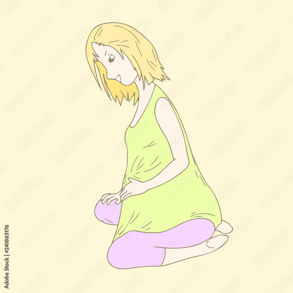 Pregnant woman doing yoga, sitting and smiling on the yellow background, cartoon character, vector line art Pregnant woman doing yoga, sitting and smiling on the yellow background, cartoon character, vector line art
