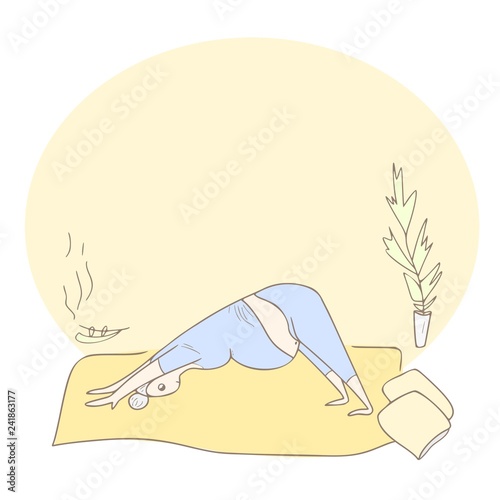 Pregnant woman doing yoga on the white background, downward position, cartoon character, vector line art 