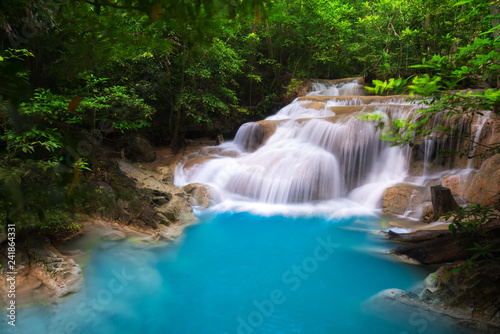 Erawan Waterfall in Thailand is locate in Kanchanaburi Provience. This waterfall is in Erawan national park © happystock