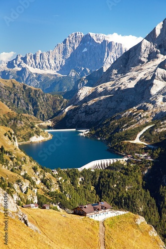 View of lago di Fedaia and mount Civetta, Dolomiti