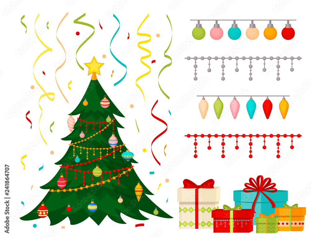 Christmas tree with fir gifts balls lights winter holiday gift card merry xmas celebration happy new year decoration vector illustration Christmas tree with fir gifts balls lights winter holiday gift card merry xmas celebration happy new year decoration vector illustration