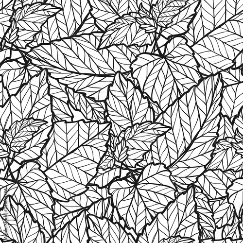 Seamless texture with mint leaves. Spring uncolored background. Repeating pattern. Can be used as wallpaper, desktop, wrapping, fabric or background for your blog, covers, cards.