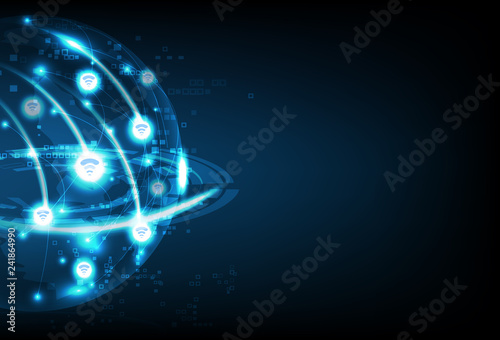 Wifi global, business technology, communication network connection, Planet glowing future abstract background vector illustration