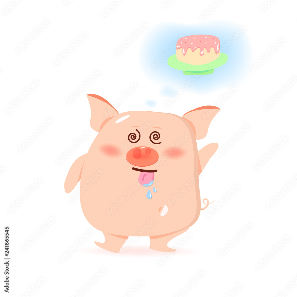 Pig hungry sweet cake, cute cartoon characters, Chinese New Year, year of the pig on white background vector illustration Pig hungry sweet cake, cute cartoon characters, Chinese New Year, year of the pig on white background vector illustration