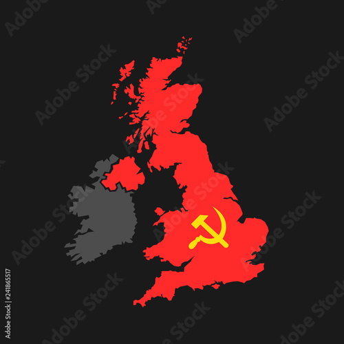 Socialism and communism in Great Gritain ( GB ) and United Kingdom ( UK ) - left and left-wing British politics and politician. Vector illustration of red map and sickle with hammer.