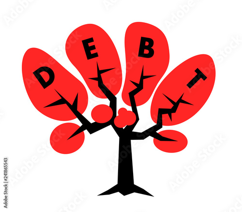 Tree with debt text in the crown - financial indebtedness is growing - increase of liabilitiesa and loans - negative economics with economical burden
