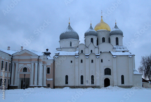 Old Russian architecture in snow in winter