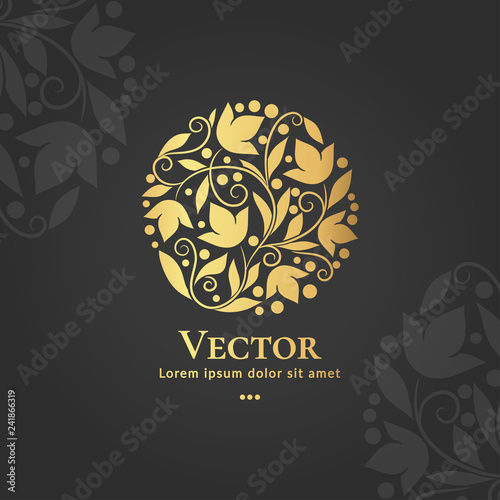 Golden leaf emblem. Elegant, classic vector. Can be used for jewelry, beauty and fashion industry. Great for logo, monogram, invitation, flyer, menu, brochure, background, or any desired idea.