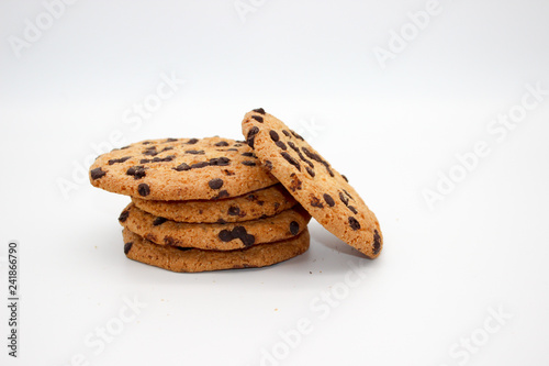 Oatmeal cookies with chocolate drops isolated on white background