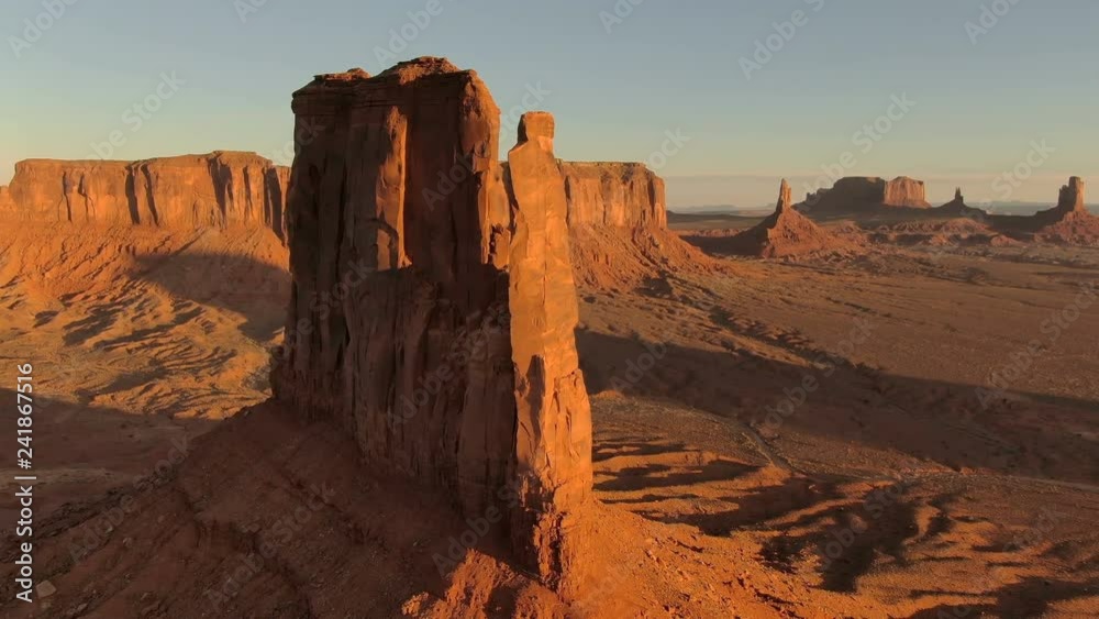 Monument Valley Sunrise West Mitten Butte and Sentinel Mesa Aerial Telephoto Shot