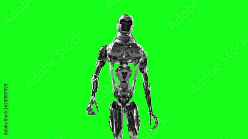 Running cyborg, walking robot render 3D on a green background photo