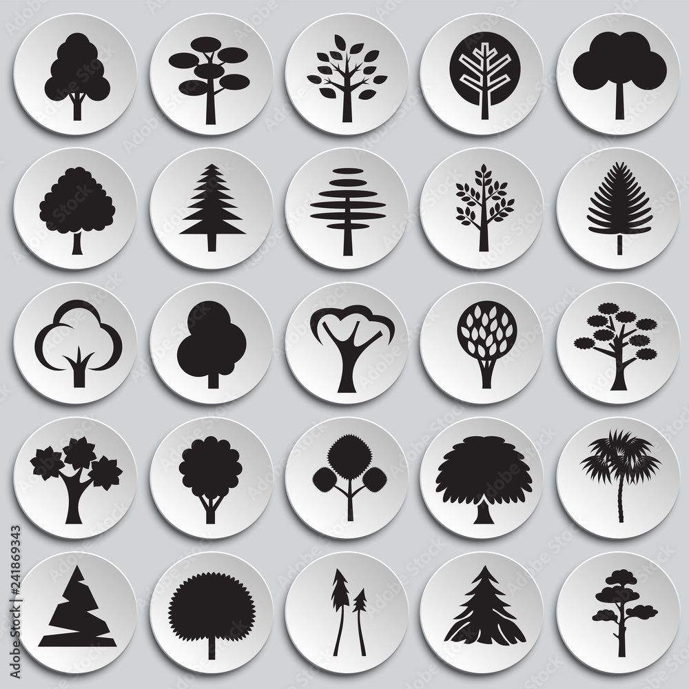 Trees icon set on plates background for graphic and web design, Modern simple vector sign. Internet concept. Trendy symbol for website design web button or mobile app Trees icon set on plates background for graphic and web design, Modern simple vector sign. Internet concept. Trendy symbol for website design web button or mobile app