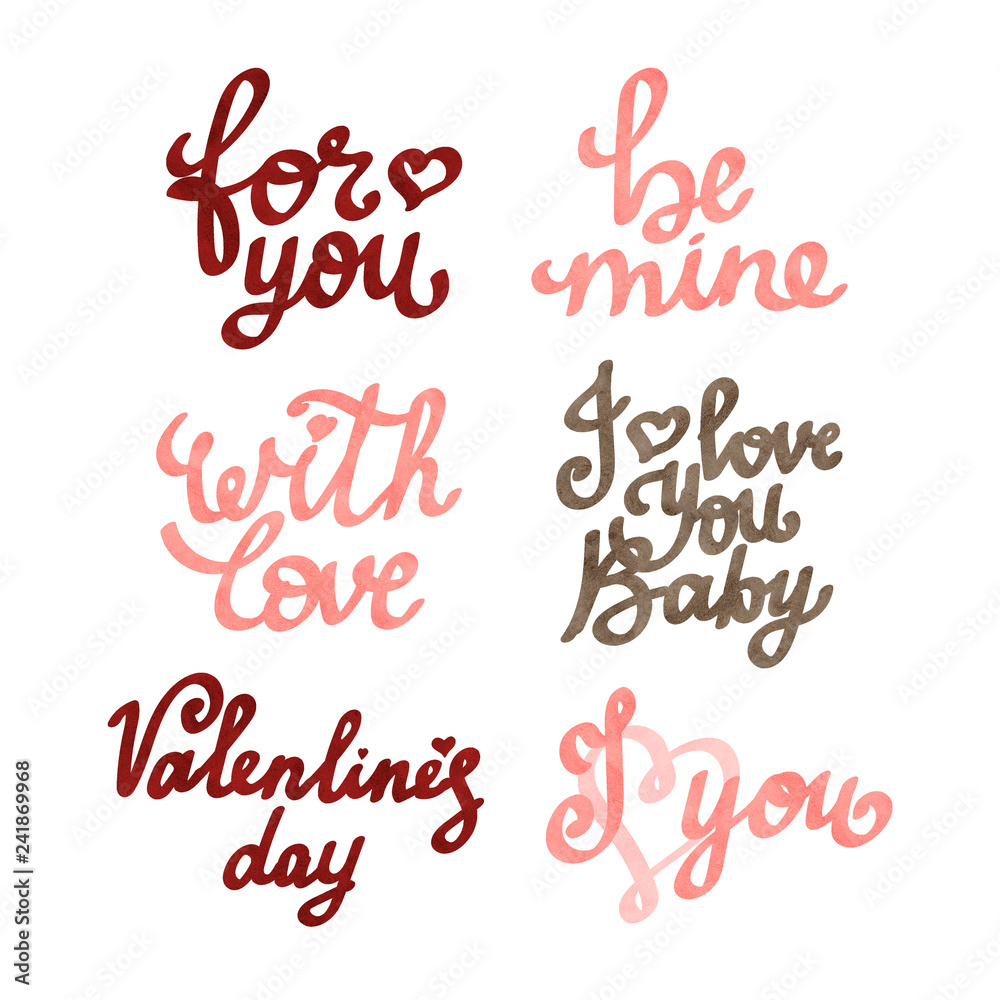 illustration Valentine's Day with watercolor lettering on white background.