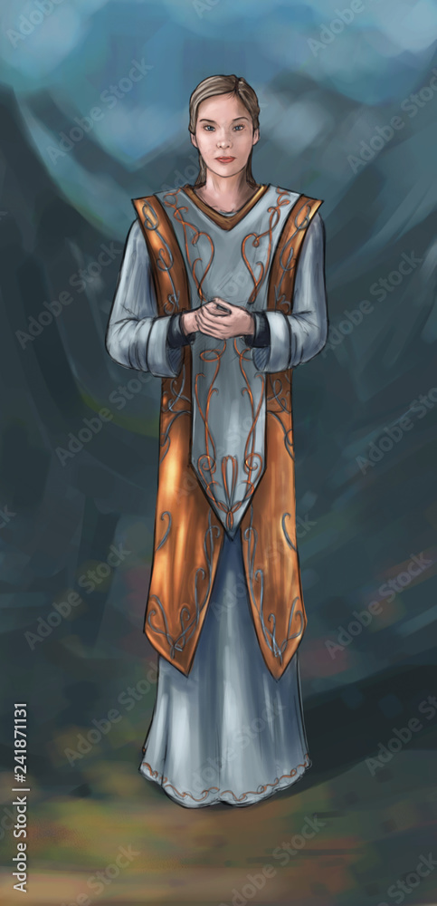 Concept art digital painting or illustration of fantasy beautiful young  woman priestess or sorceress or witch wearing white an gold gown or robe.  Illustration Stock | Adobe Stock