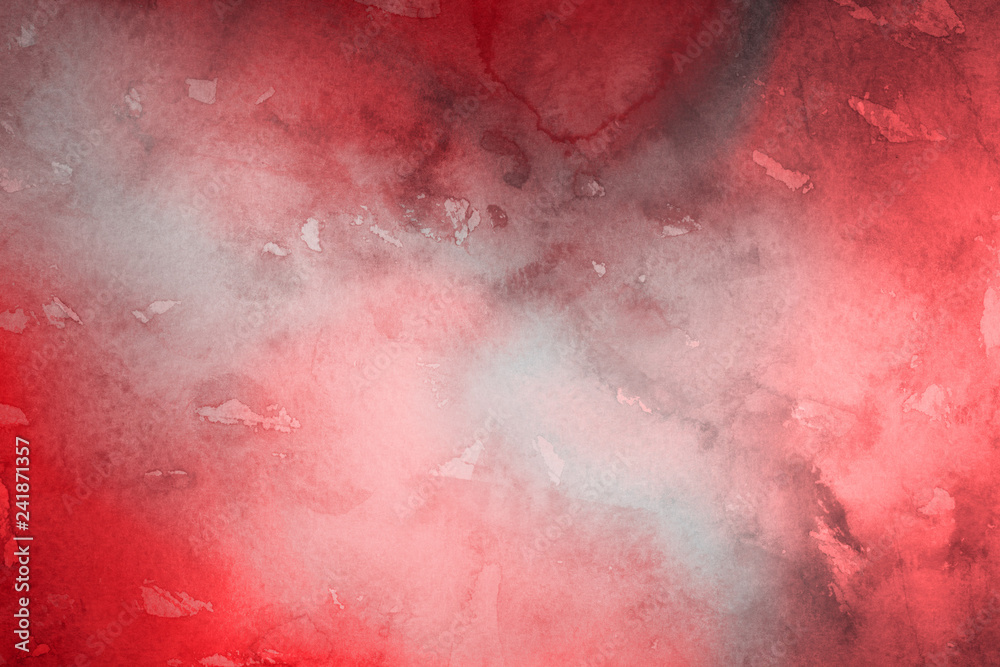 Obraz premium Red ink and watercolor textures on white paper background. Paint leaks and ombre effects. Hand painted abstract image.