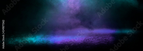 Background of empty room with spotlights and lights, abstract purple background with neon glow