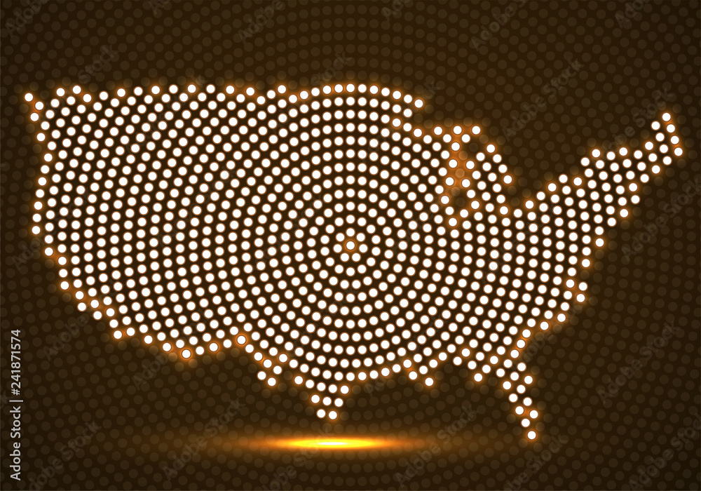 Abstract USA map of glowing radial dots