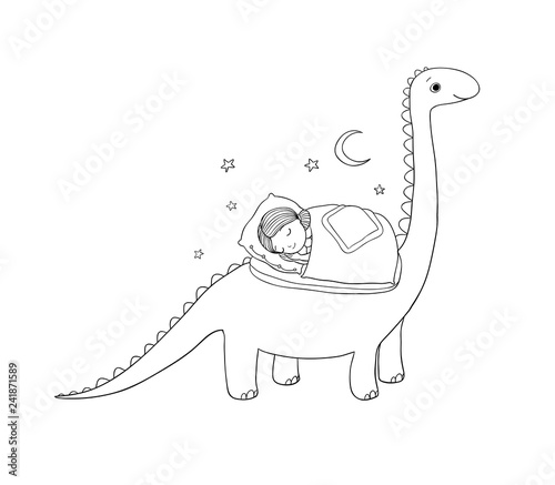 Sleeping girl and dinosaur. Good night sweet dreams