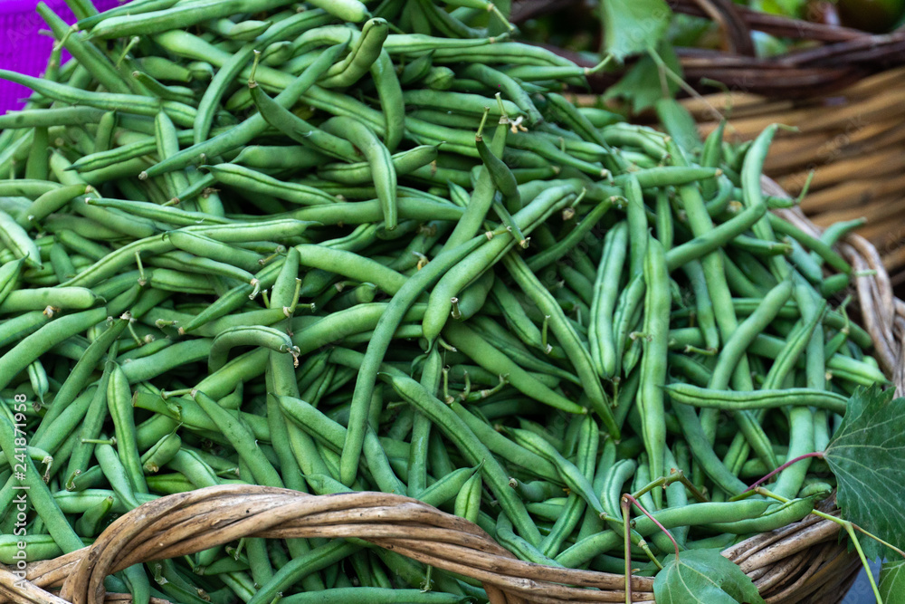 Farmers' market stall: heap of fresh green beans