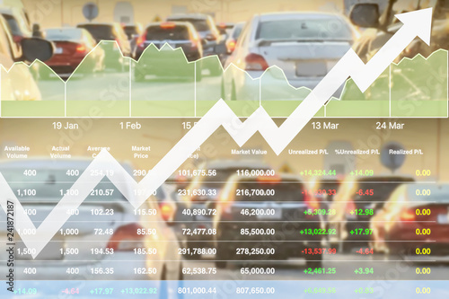 Stock financial index of successful investment on car sale cause traffic jam and transportation problem shown with chart and graph background.
