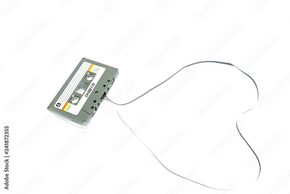 Obraz premium Vintage compact cassette tape on white background, Close up set of old audio tapes, Retro