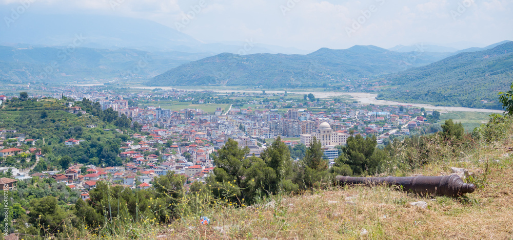 Fototapeta High angle view landscape from the ancient castle of the historic town of Berat in Albania, aerial view