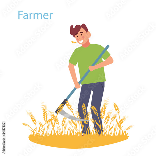 A farmer mows the field with wheat scythe. Vector illustration