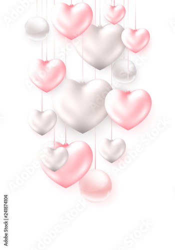 Happy Valentines Day holidays poster with 3d metall shiny colorful Hearts and pearls.