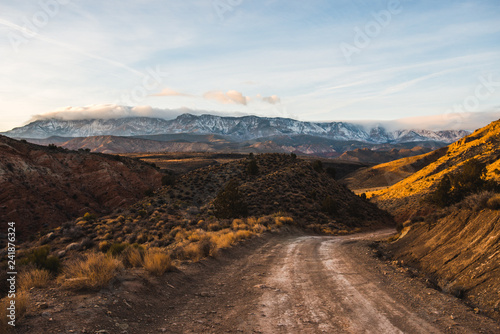 Backcountry dirt road down a dry desert mountain, Toquerville falls, Southern Utah
