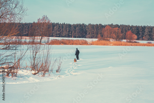 Man walking with dog on the frozen lake back to camera