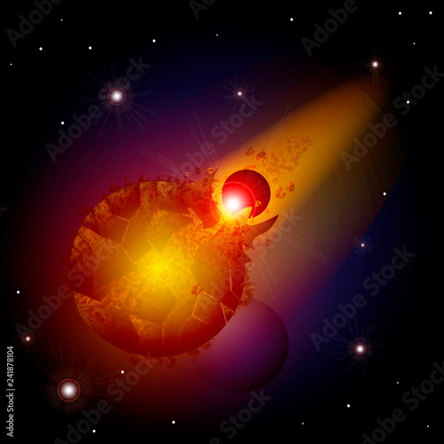 collision of planets. The explosion of the planet. Armageddon in outer space on a distant planet