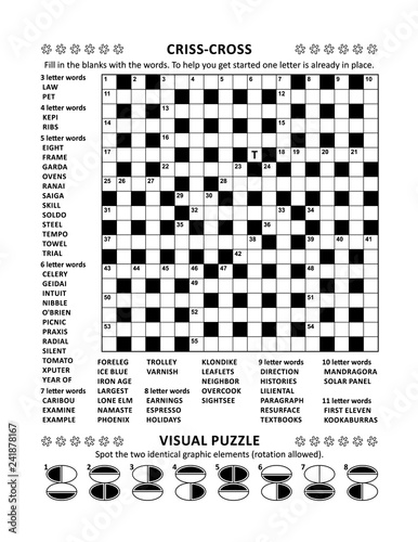 Puzzle page with two puzzles: 19x19 criss-cross (kriss-kross, fill in the blanks) crossword word game (English language) and abstract visual puzzle. Black and white, A4 or Letter sized.
