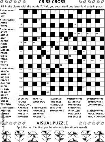 Puzzle page with two puzzles: 19x19 criss-cross (kriss-kross, fill in the blanks) crossword word game (English language) and abstract visual puzzle. Black and white, A4 or Letter sized.
