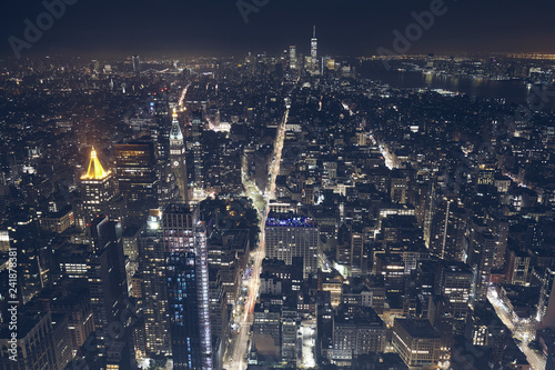 Aerial view of New York City at night  color toned picture  USA.