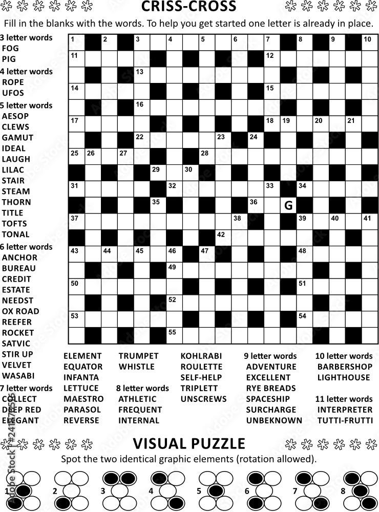 Puzzle page with two puzzles: 19x19 criss-cross (kriss-kross, fill in the  blanks) crossword word game (English language) and abstract visual puzzle.  Black and white, A4 or Letter sized. Stock Vector | Adobe