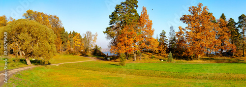 panorama of Monrepos Park in Vyborg in the Indian summer.