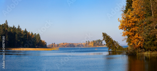 panorama of Monrepos Park in Vyborg in the Indian summer.
