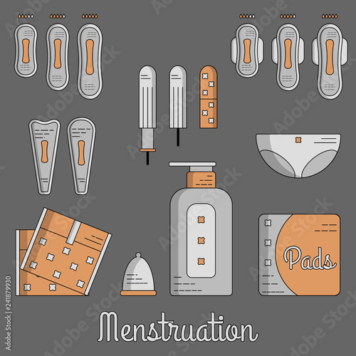 Female hygiene products. Gaskets, tampons, menstrual bowl and briefs. Isolated flat icons and objects