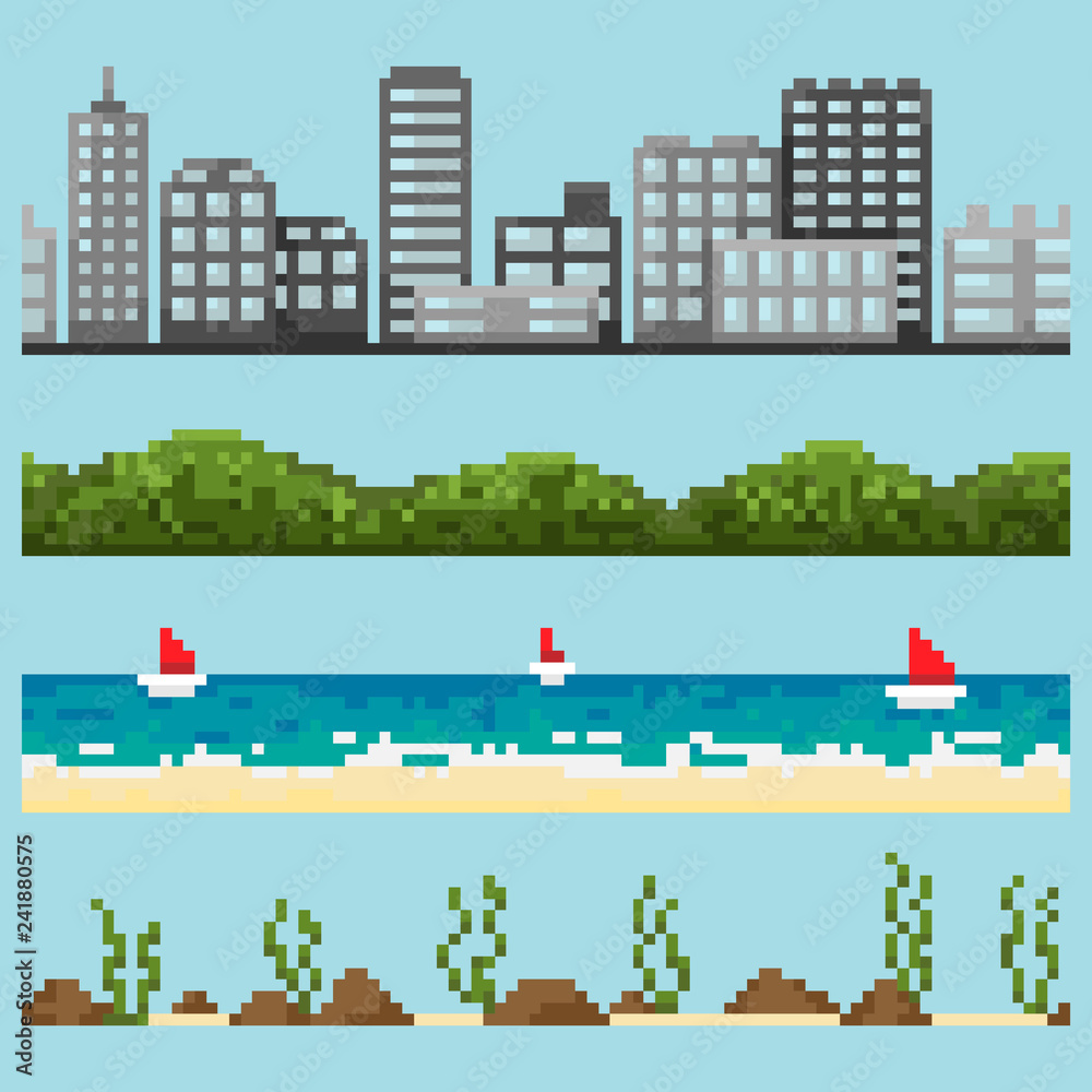 Set of pixel landscape elements