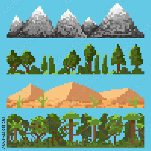 Set of pixel landscape elements