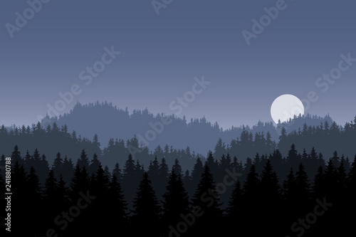 Realistic illustration of a night mountain landscape with coniferous forest and hill, under a gray blue sky with moon or sun, vector