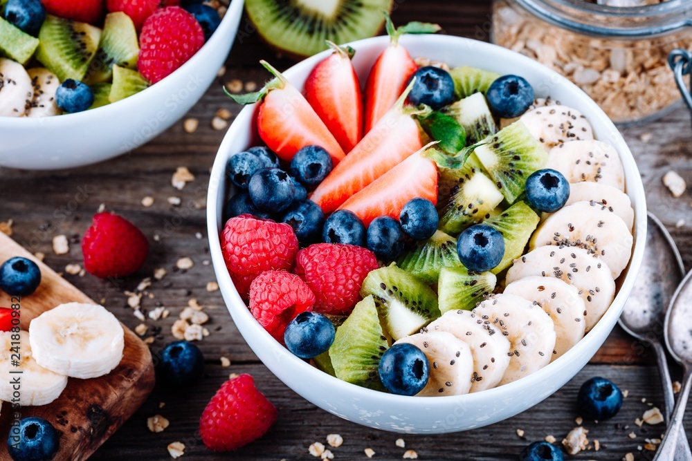 Healthy breakfast bowl granola with  raspberries, strawberries, blueberries, banana, kiwi and chia seeds