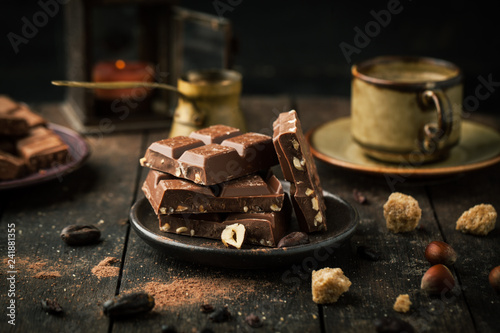 Chocolate with hazelnuts and cocoa beans