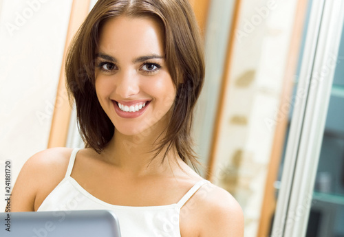 Cheerfull smiling woman working with laptop Free Download Cheerfull smiling woman working with laptop - GFXLoad