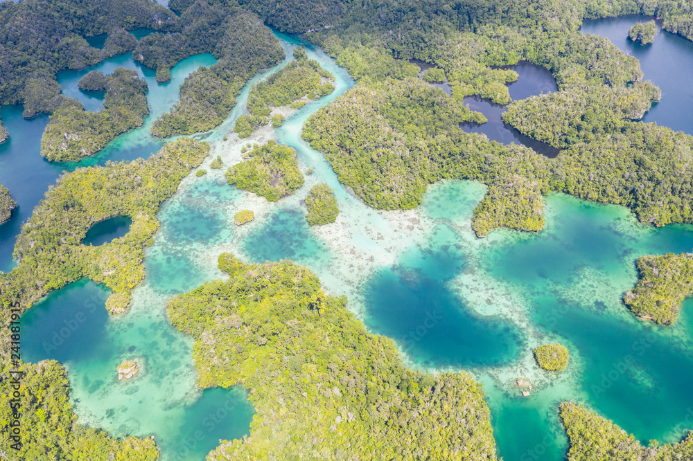 Aerial View of Idyllic Limestone Islands and Tropical Lagoon in Raja Ampat