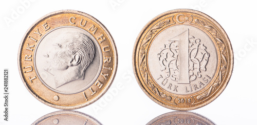 Reflection of 1 Turkish Lira Coin on white background, front and back view photo