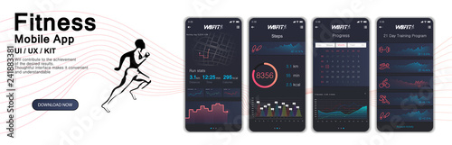 Different UI, UX, GUI screens fitnes app and flat web icons for mobile apps, Fitness application design. Mock up Mobile app. Vector template. Fitness interface design for mobile application
