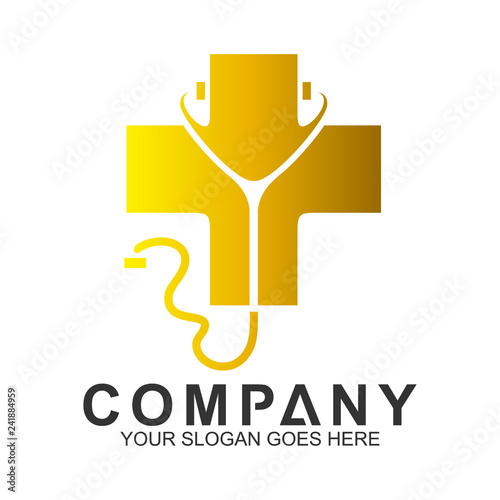 medical cross with stethoscope logo template, health and care icons